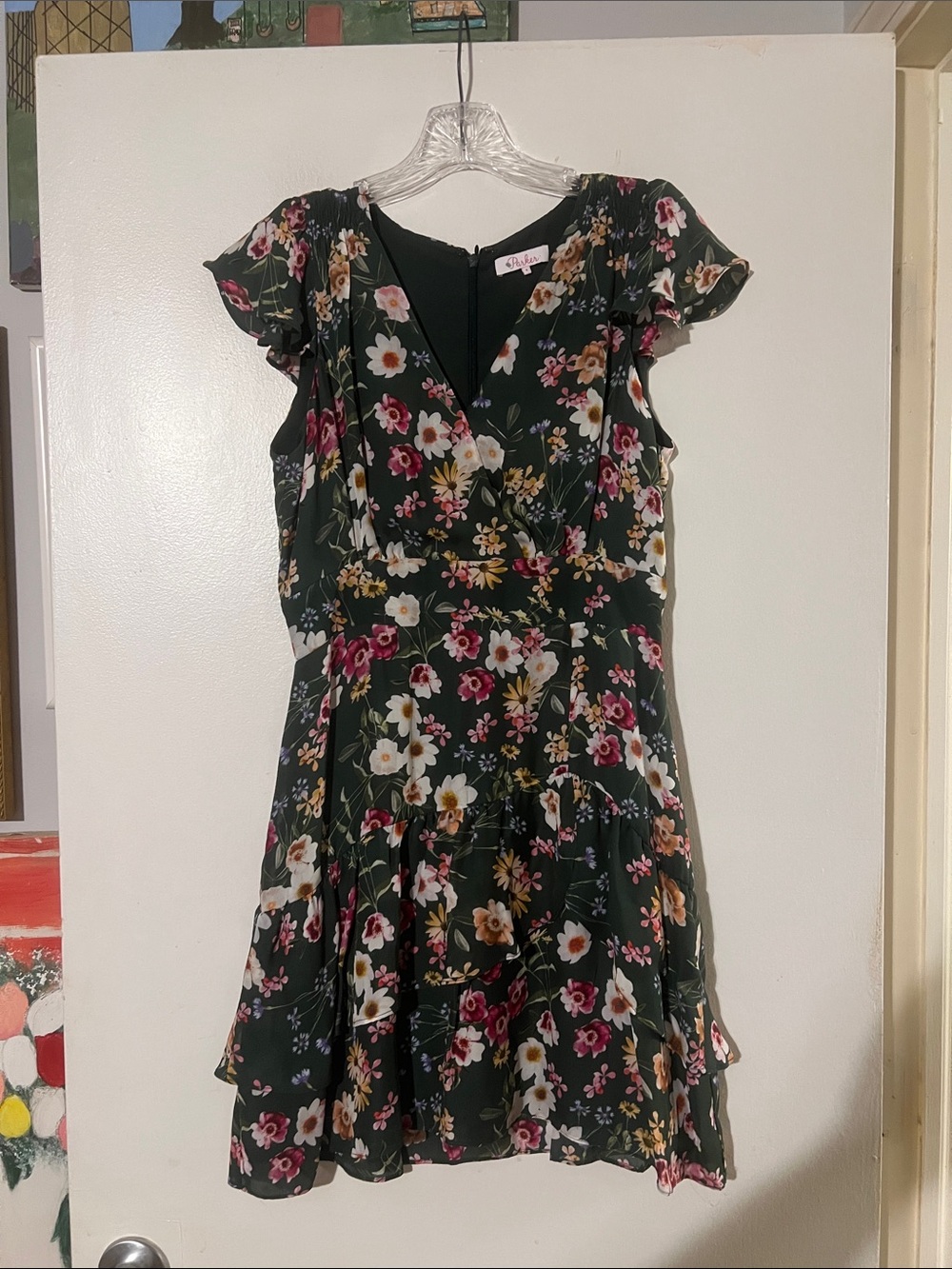 Parker floral silk blend dress. Flutter sleeve. Hidden back zip. Lined